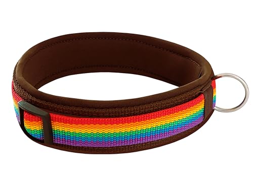 BUDDYPACK | Regenbogen-Hundehalsband Extra-Breit und Weich mit Neopren-Polster | Größe XXS-XL | Verstellbar (S (38-43 cm), Regenbogen auf Braun) von Buddypack
