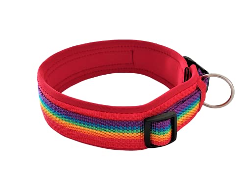 BUDDYPACK | Hundehalsband *Rainbow* Extra-Breit und Weich mit Neopren Gepolstert | Größe XXS-3XL | Verstellbar (S (38-43 cm), Regenbogen auf Rot) von Buddypack