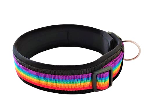 BUDDYPACK | Hundehalsband *Rainbow* Extra-Breit und Weich mit Neopren Gepolstert | Größe XXS-3XL | Verstellbar (S (38-43 cm), Regenbogen auf Schwarz) von Buddypack