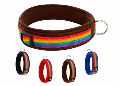 BUDDYPACK | Regenbogen-Hundehalsband Extra-Breit und Weich mit Neopren-Polster | Größe XXS-XL | Verstellbar (XS (32-37 cm), Regenbogen auf Braun) von Buddypack