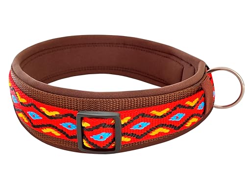 BUDDYPACK | Hundehalsband Extra-Breit und Weich Gepolstert | Für Kleine, Mittlere und Große Hunde (Rot-Bunt auf Braun, S (38-43 cm)) von Buddypack