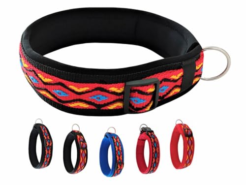 BUDDYPACK | Hundehalsband Extra-Breit und Weich Gepolstert | Für Kleine, Mittlere und Große Hunde | Bunt (Rot-Bunt auf Schwarz, L/XL (53-58 cm)) von Buddypack