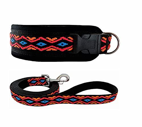 BUDDYPACK | Hundehalsband-Leine-Set | Halsband Extra-Breit und Weich Gepolstert Plus Leine mit Handschlaufe 1,50 m | Größe XXS-XXXL | Bunt (Schwarz-Orange-Rot-Blau, XS (33-40 cm)) von Buddypack