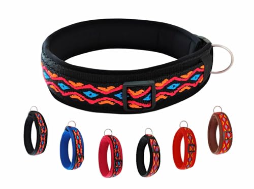 BUDDYPACK | Schickes Hundehalsband Extra-Breit mit Neopren-Polster | Alle Größen | Verstellbar | Bunt: Schwarz-Orange-Rot-Blau (XS (32-37 cm)) von Buddypack