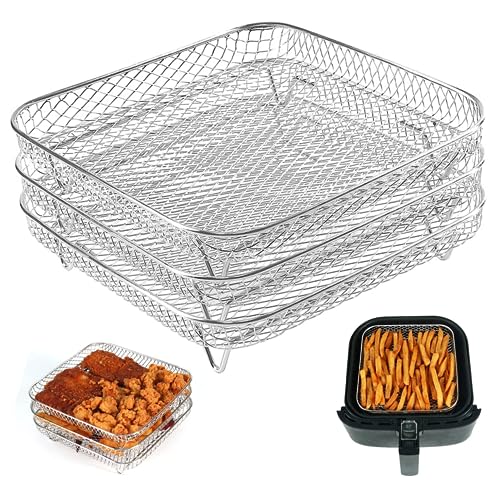 Air Fryer Rack für Luftfritteuse, 3pcs Stapelbare Dehydrator-Rack aus Edelstahl, 8,27 Zoll quadratische Luftfritteuchsenregale, die mit Doppelluft-Frittyer kompatibel ist von Budstfee