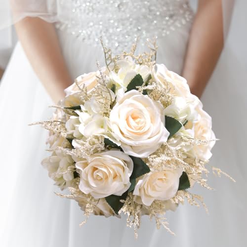 Blumenstrauß, Hochzeitsstrauß für Braut, 9,1 Zoll weiße Brautsträuße für Braut, künstliche Rosenstrauß, Blumenstrauß mit Seidenband für Valentinstagszeremonie Blumenstrauß, Hochzeitsstrauß für Braut, 9,1 Zoll weiße Brautsträuße für Braut, künstliche Rosenstrauß, Blumenstrauß mit Seidenband für Valentinstagszeremonie von Budstfee