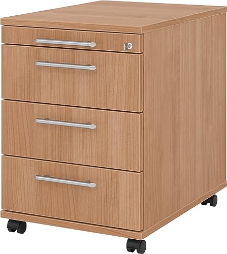 Bümö® Rollcontainer mit 3 Schüben & Schloss | Bürocontainer aus Holz | Tischcontainer mit Rollen | in 6 Dekoren (Nussbaum) von bümö