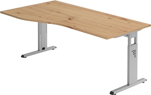 Bümö höhenverstellbarer Schreibtisch O-Serie 180x100 cm in Asteiche, Gestell in Silber - großer PC Tisch für's Büro manuell höhenverstellbar, Computertisch verstellbar von bümö