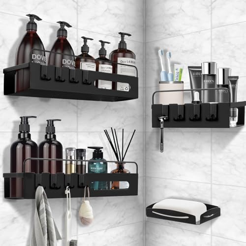 Buenotec 4 Stück Duschablage Ohne Bohren, Stark Haftendes Duschregal, Badezimmer Regal Organizer mit Seifenhalter Und 12 Haken, Badregal Duschkorb für Bad Küche Toilette, Shampoo Halterung für Dusche von Buenotec