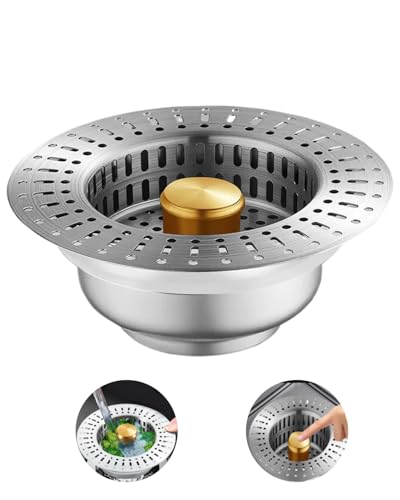 Universal Abflusssieb Küchenspüle Waschbeckenstöpsel für Tiefe > 55 mm, Spülbecken Bohrung 75-86 mm, Waschbeckensieb 3-in-1 Pop-Up Edelstahl Siebkörbchen Abflussstopfen mit Anti-Verstopfungs-Korb von Buenotec