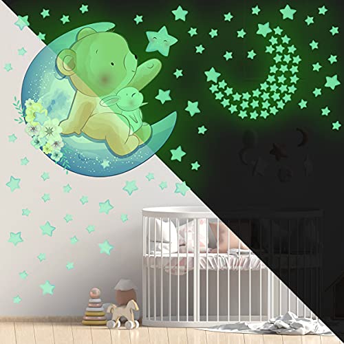 BuerHomie Wandtattoo Babyzimmer, 200 Leuchtsterne Leuchtende Wandsticker, Teddybär Hase Mond Sterne Wandaufkleber, Wanddeco für kleinkinderzimmer kinderzimmer Jungen Mädchen von Buer Homie