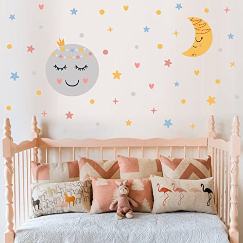 BuerHomie Wandtattoo Babyzimmer, Sonne Mond Sterne Punkte Herzen Wandaufkleber, Wanddeco für kleinkinderzimmer kinderzimmer Jungen Mädchen von Buer Homie