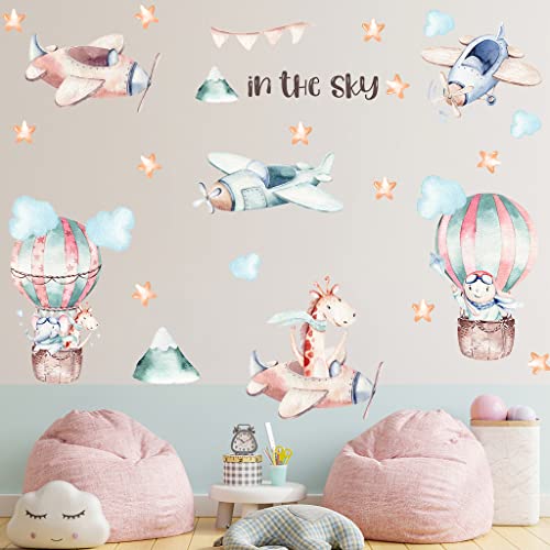 BuerHomie Wandtattoo Kinderzimmer, Tiere am Himmel Wandsticker, Giraffe Elefant Hase Heißluftballon Flugzeug Wandsticker, Wanddeco für baby- & kleinkinderzimmer Jungen Mädchen von Buer Homie