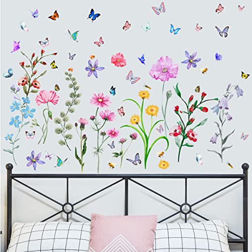 BuerHomie Wandtattoo Schlafzimmer Wohnzimmer, Farbenfrohe Blumen Schmetterlinge, Wanddeko für Wohnzimmer Schlafzimmer Küche Badezimmer von Buer Homie