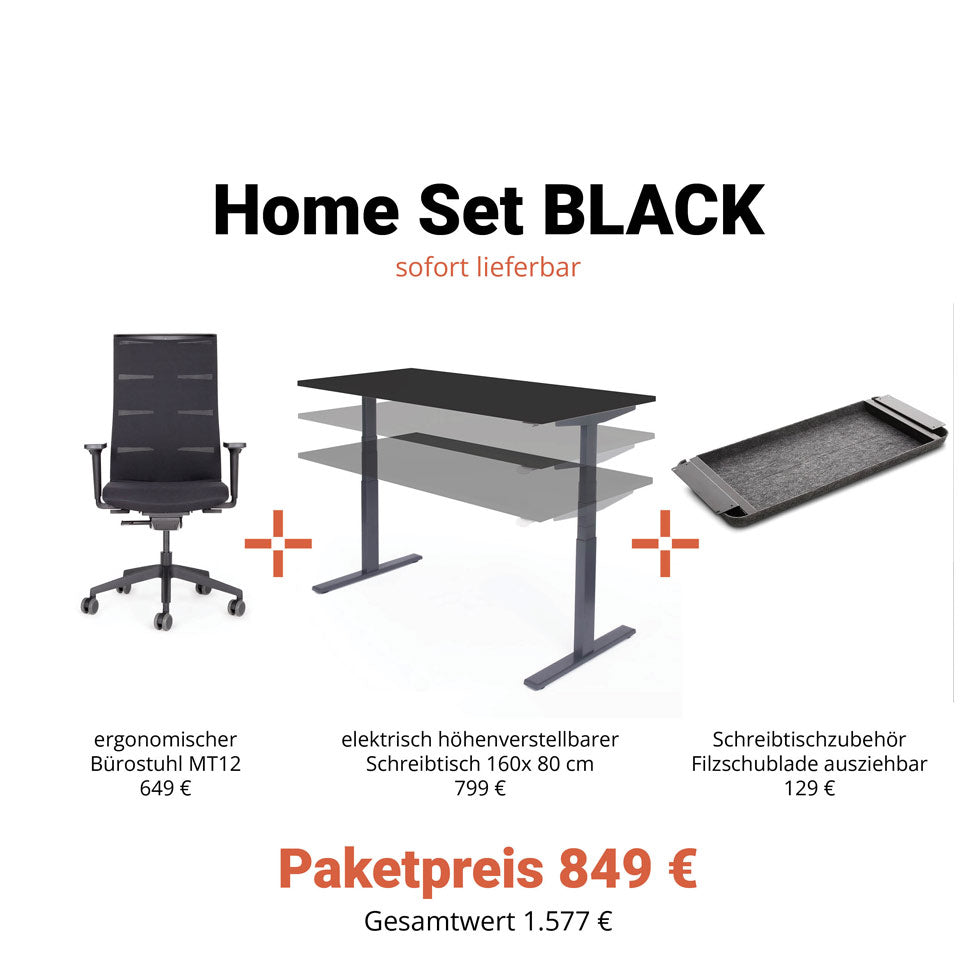 Büromöbel "HOME SET Black" - Höhenverstellbarer Schreibtisch + Ergonomischer Bürostuhl + Filz Schublade - Großer Preisvorteil - jetzt auf Rechnung kaufen 🇩🇪 von Büromöbel Plus