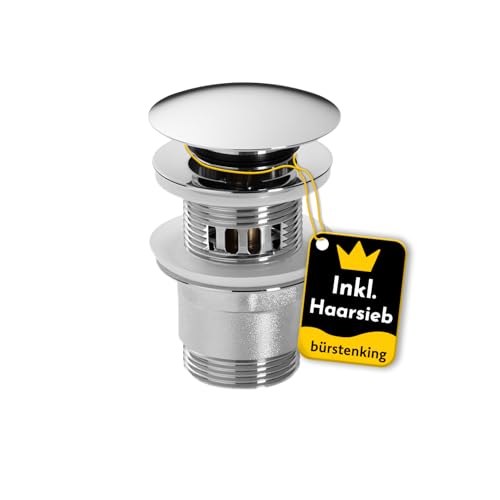 Bürstenking Ablaufgarnitur Waschbecken – Ablaufventil mit Haarsieb – für Waschbecken & Waschtisch – 1 1/4" Anschlussgewinde – Push-Open Funktion – mit Überlauf – 6,0 cm – ø 66 mm – Chrom Silber von Bürstenking