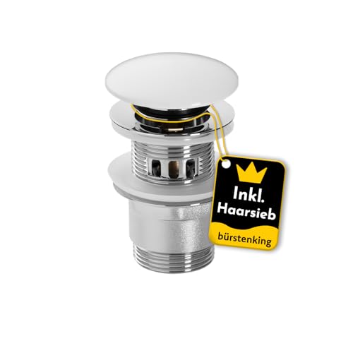 Bürstenking Ablaufgarnitur Waschbecken – Ablaufventil mit Haarsieb – für Waschbecken & Waschtisch – 1 1/4" Anschlussgewinde – Push-Open Funktion – mit Überlauf – 6,0 cm – ø 66 mm – Chrom Weiß von Bürstenking