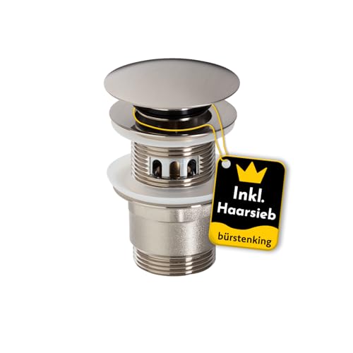 Bürstenking Ablaufgarnitur Waschbecken – Ablaufventil mit Haarsieb – für Waschbecken & Waschtisch – 1 1/4" Anschlussgewinde – Push-Open Funktion – mit Überlauf – 6,0 cm – ø 66 mm – gebürstetes Nickel von Bürstenking