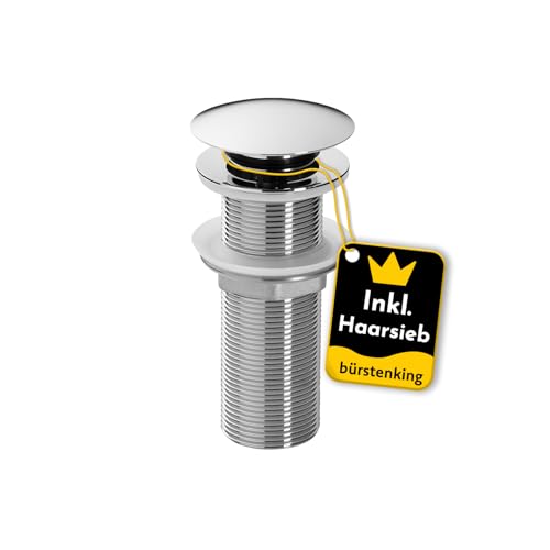 Bürstenking Ablaufgarnitur Waschbecken – Ablaufventil mit Haarsieb – für Waschbecken & Waschtisch – 1 1/4" Anschlussgewinde – Push-Open Funktion – ohne Überlauf – 12 cm – ø 66 mm – Chrom Silber von Bürstenking