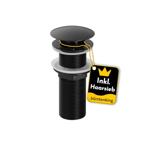 Bürstenking Ablaufgarnitur Waschbecken – Ablaufventil mit Haarsieb – für Waschbecken & Waschtisch – 1 1/4" Anschlussgewinde – Push-Open Funktion – ohne Überlauf – 12 cm – ø 66 mm – matt Schwarz von Bürstenking