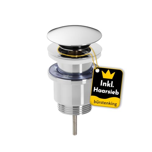 Bürstenking Ablaufgarnitur Waschbecken – Ablaufventil mit Haarsieb – für Waschbecken & Waschtisch – 1 1/4" Anschlussgewinde & M6 Schraube – Push-Open Funktion – mit Überlauf – ø 63 mm – Chrom Silber von Bürstenking