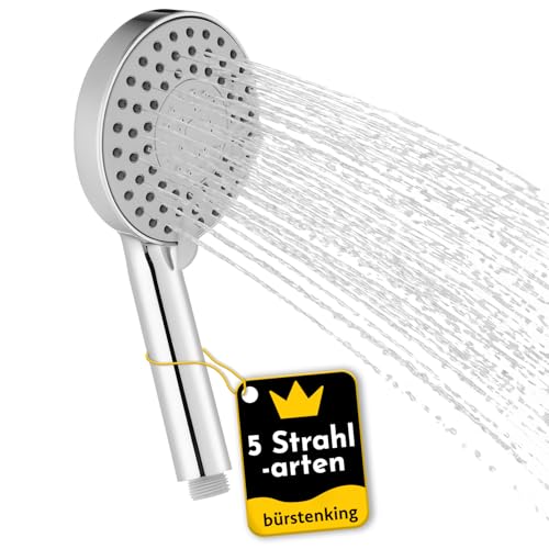 Bürstenking Duschkopf Handbrause mit 5 Strahlarten, runde Duschbrause Ø 118 mm – Antikalk-Funktion, Brausekopf Dusche verchromt, Duschkopf starkem Strahl für Standard-Brauseschläuche mit 1/2"-Gewinde Bürstenking Duschkopf Handbrause mit 5 Strahlarten, runde Duschbrause Ø 118 mm – Antikalk-Funktion, Brausekopf Dusche verchromt, Duschkopf starkem Strahl für Standard-Brauseschläuche mit 1/2"-Gewinde von Bürstenking