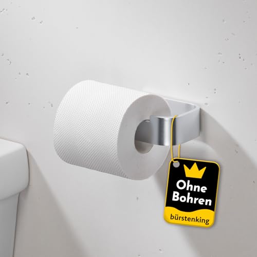 Bürstenking Toilettenpapierhalter ohne Bohren – moderner Klopapierhalter zum Kleben – Selbstklebende Toilettenpapierhalter – WC Rollenhalter mit 3M Kleber – gebürstetes Aluminium Silber – Links von Bürstenking