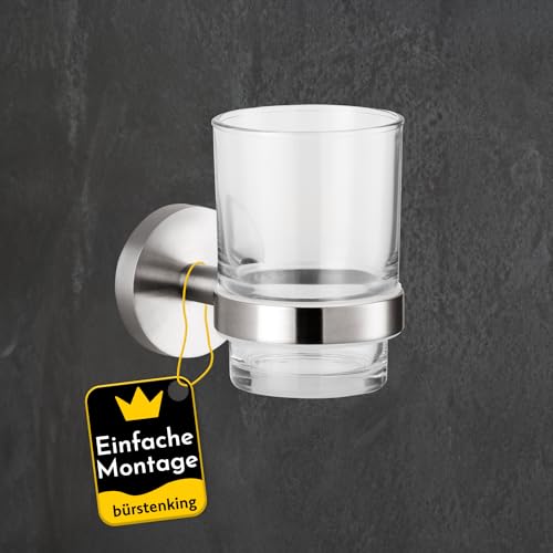 Bürstenking Zahnbürstenhalter mit Zahnputzbecher, stilvolle Halterung für Zahnputzbecher & Zahnpasta, Edelstahl matt gebürstet, einfache Wandmontage, Zahnbürstenhalter mit Becher, Teil der Serie 190 von Bürstenking