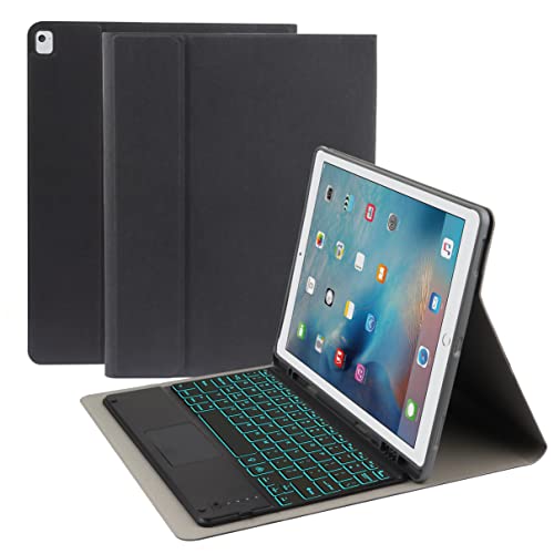 Tastatur Hülle für iPad Pro 12.9 2015/2017 (1./2. Generation), Englisches und Deutsches Layout, 7-Farbige Tastatur mit Hintergrundbeleuchtung Und Touchpad, PU-Ledertasche mit Stifthalter,Schwarz von Bueuwe