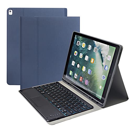 Tastatur Hülle für iPad Pro 12.9 2015/2017 (1./2. Generation), Englisches und Deutsches Layout, 7-Farbige Tastatur mit Hintergrundbeleuchtung Und Touchpad, PU-Ledertasche mit Stifthalter (Blau) von Bueuwe