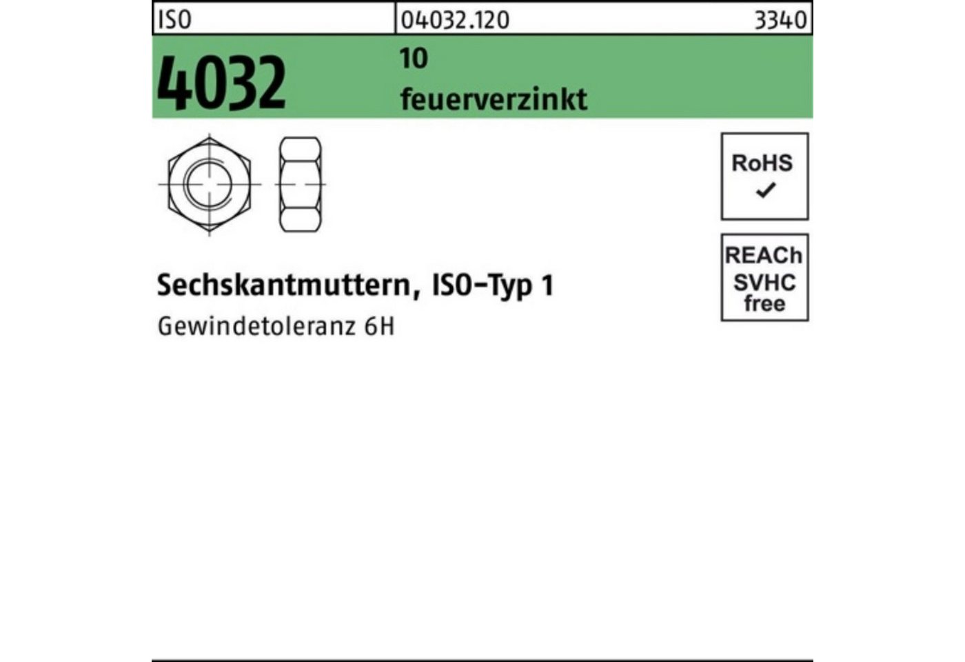 Bufab Muttern 100er Pack Sechskantmutter ISO 4032 M48 10 feuerverz. 1 Stück ISO 403 von Bufab