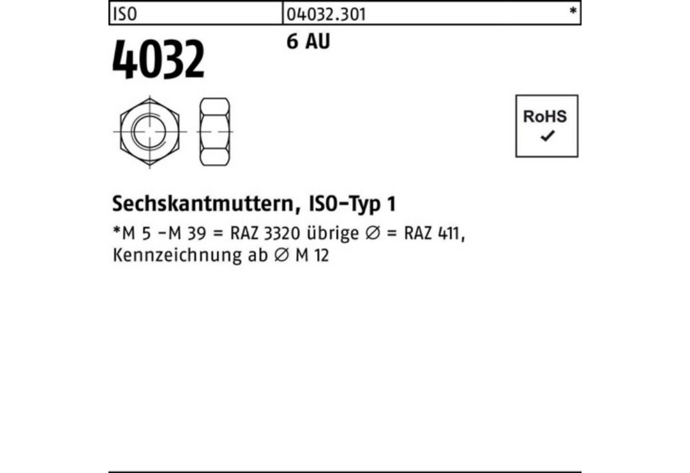 Bufab Muttern 100er Pack Sechskantmutter ISO 4032 M64 6 Automatenstahl 1 Stück ISO von Bufab