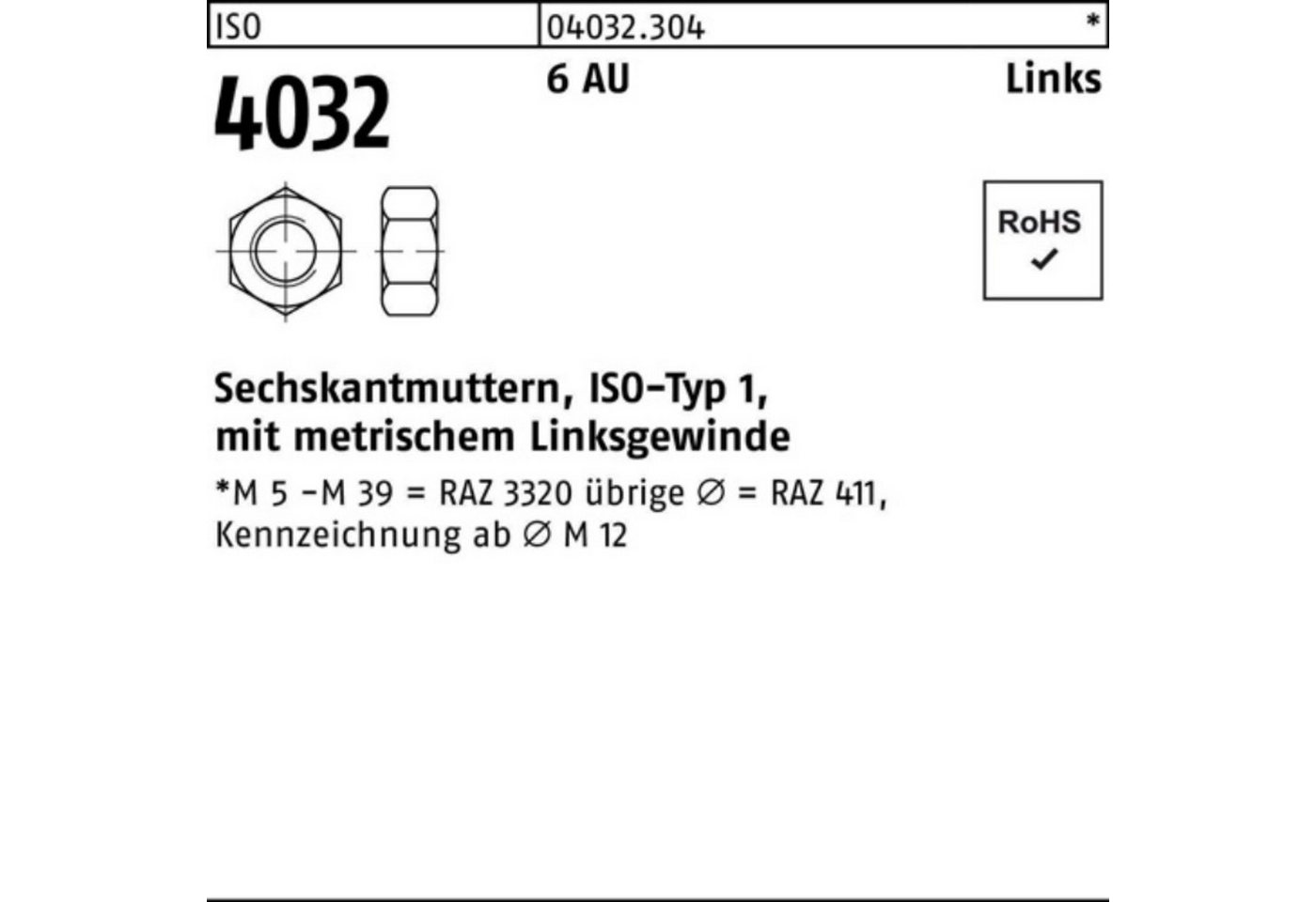 Bufab Muttern 100er Pack Sechskantmutter ISO 4032 links M14 6 Automatenstahl 50 Stü von Bufab