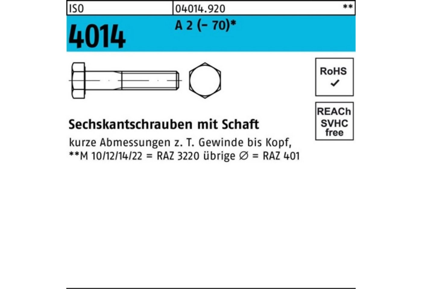 Bufab Sechskantschraube 100er Pack Sechskantschraube ISO 4014 Schaft M10x 140 A 2 (70) 50 St von Bufab