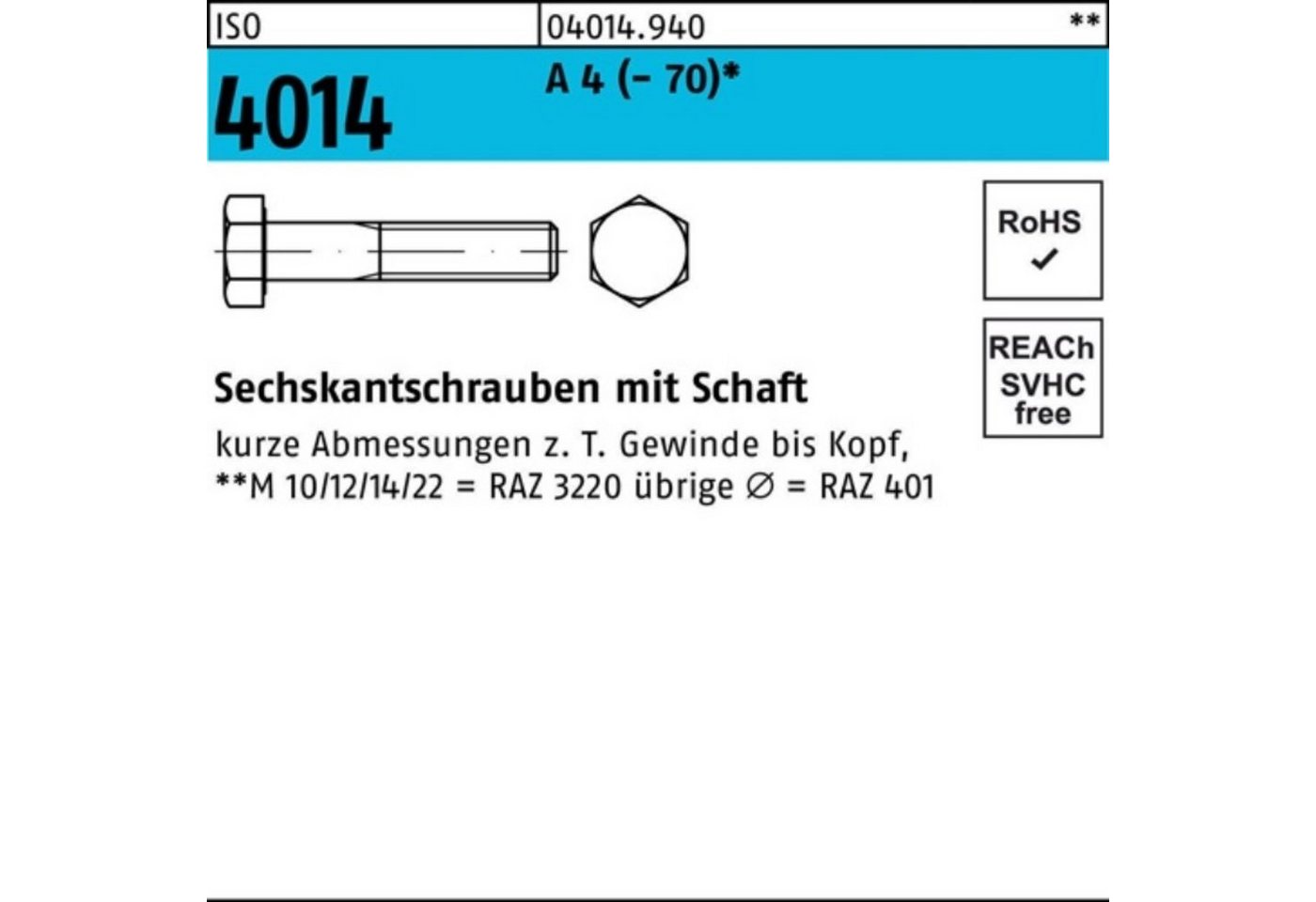 Bufab Sechskantschraube 100er Pack Sechskantschraube ISO 4014 Schaft M10x 190 A 4 (70) 1 St von Bufab