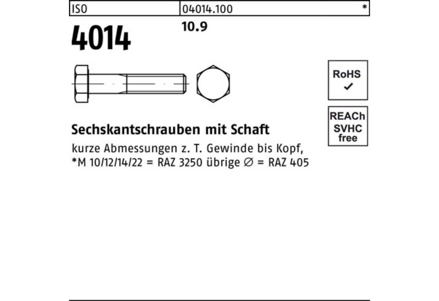 Bufab Sechskantschraube 100er Pack Sechskantschraube ISO 4014 Schaft M12x 180 10.9 25 Stück I von Bufab