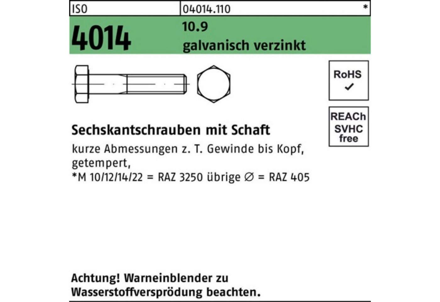 Bufab Sechskantschraube 100er Pack Sechskantschraube ISO 4014 Schaft M14x 100 10.9 galv.verz. von Bufab
