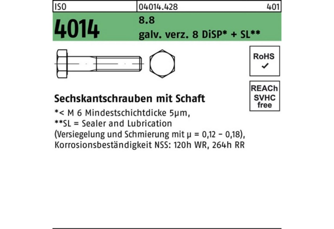 Bufab Sechskantschraube 100er Pack Sechskantschraube ISO 4014 Schaft M14x70 8.8 galv.verz. 8 D von Bufab