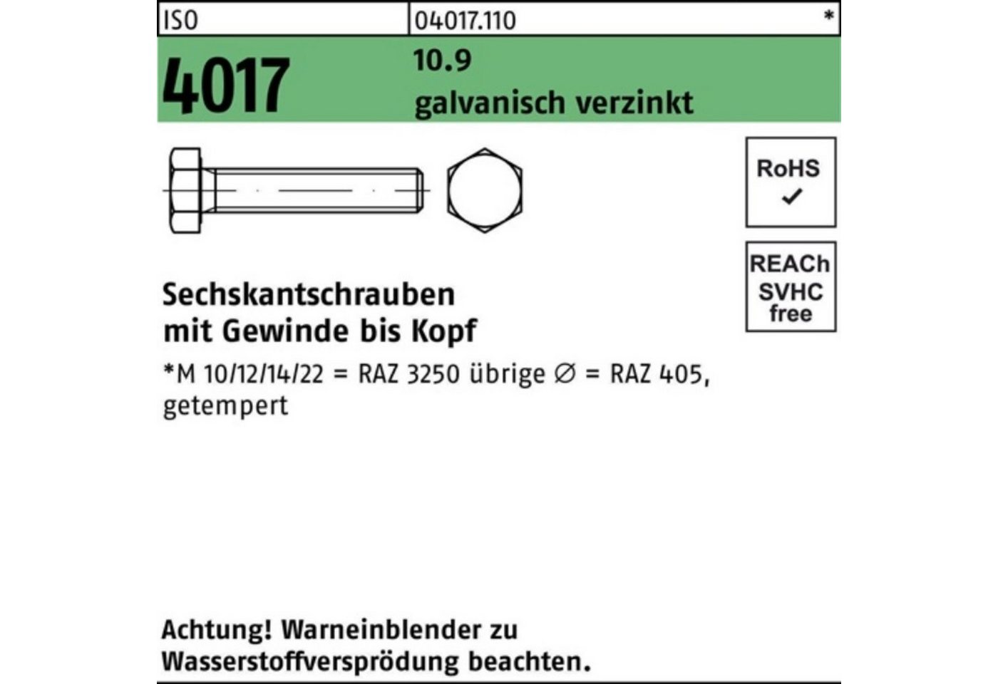 Bufab Sechskantschraube 100er Pack Sechskantschraube ISO 4017 VG M10x 80 10.9 galv.verz. 100 S von Bufab