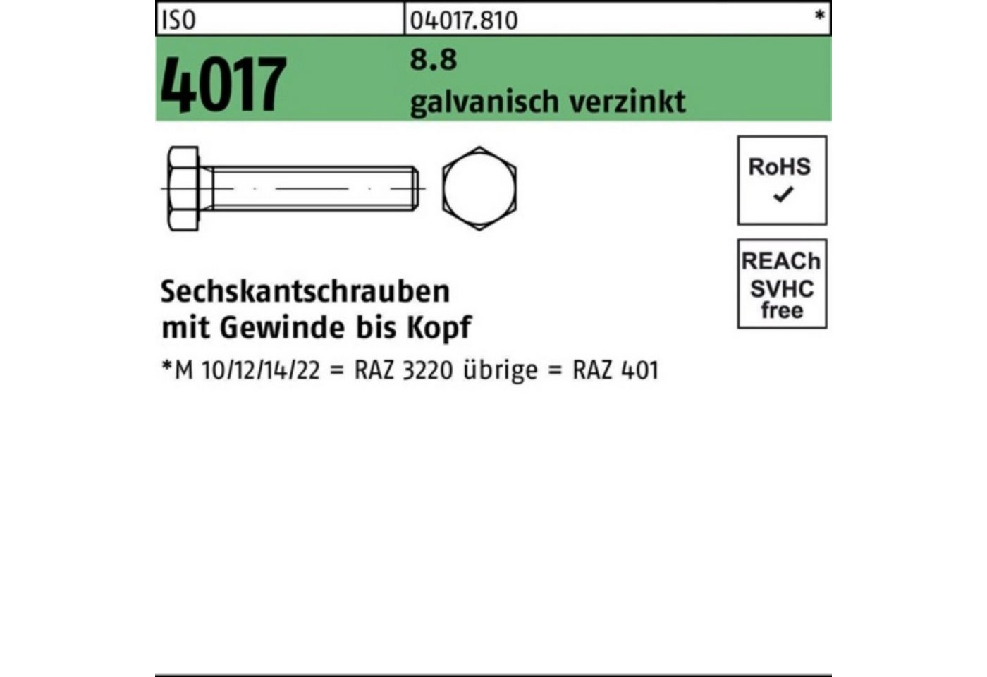 Bufab Sechskantschraube 100er Pack Sechskantschraube ISO 4017 VG M18x 70 8.8 galv.verz. 25 St von Bufab