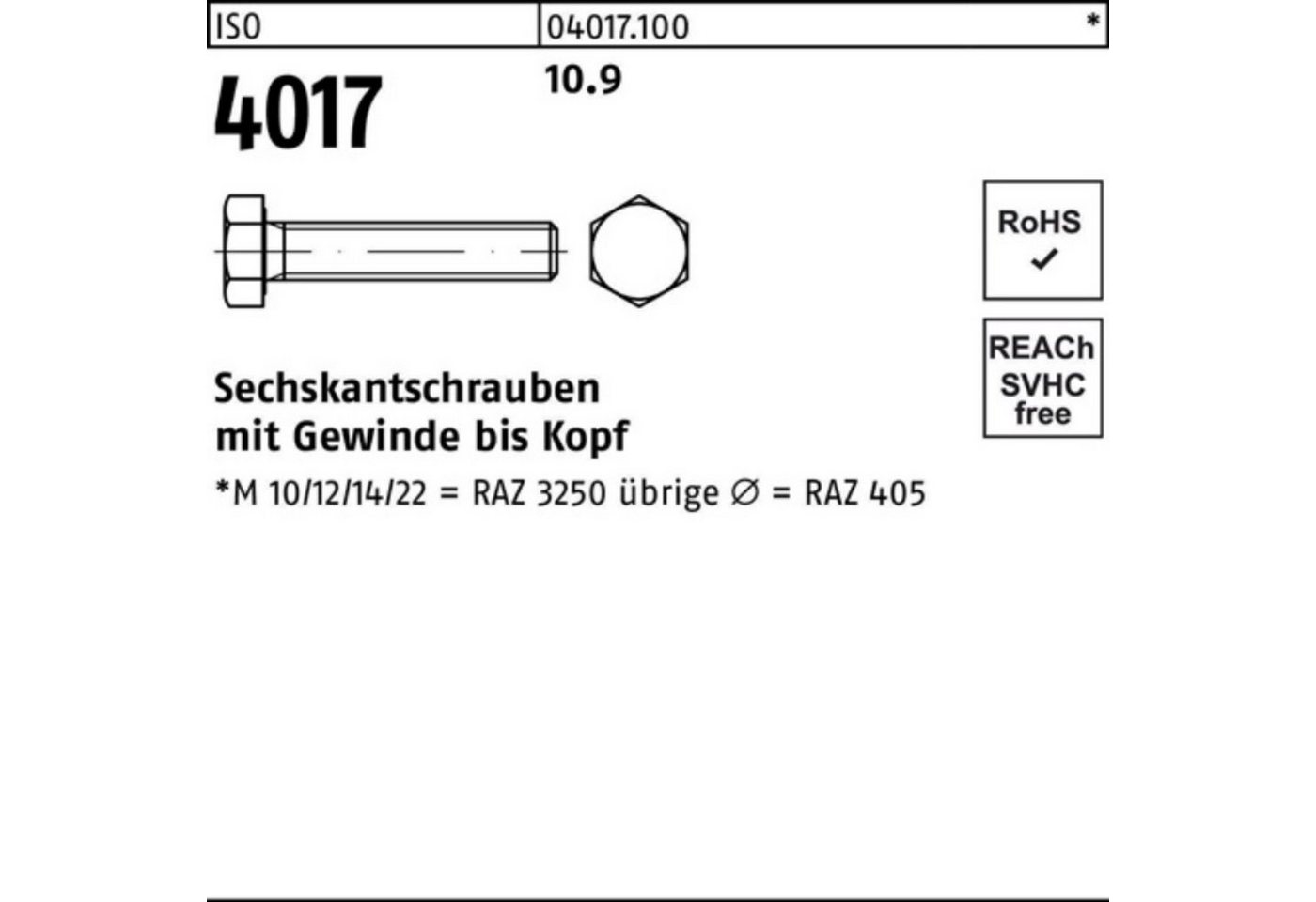 Bufab Sechskantschraube 100er Pack Sechskantschraube ISO 4017 VG M22x 55 10.9 25 Stück ISO 40 von Bufab