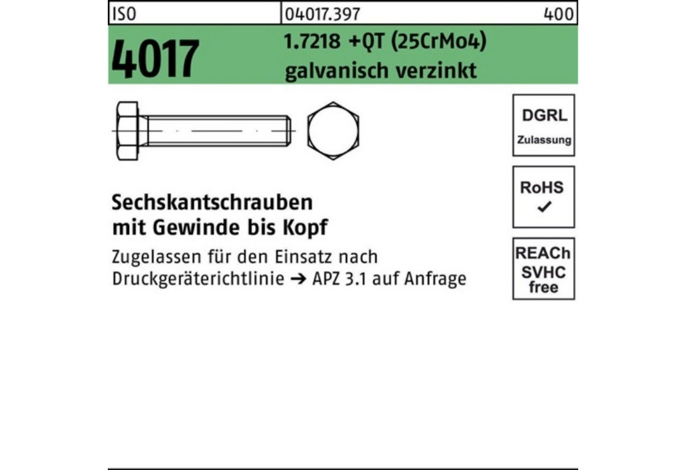 Bufab Sechskantschraube 100er Pack Sechskantschraube ISO 4017 VG M24x110 1.7218 +QT (25CrMo4) von Bufab