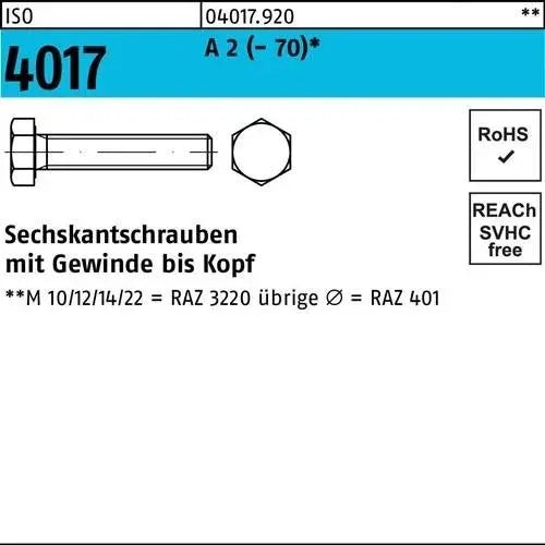 B-Ware Bufab Sechskantschraube Bolzen Schraube Iso 4017 Vg M 10 X 170 A 2 25 Stück B-Ware Bufab Sechskantschraube Bolzen Schraube Iso 4017 Vg M 10 X 170 A 2 25 Stück von Bufab