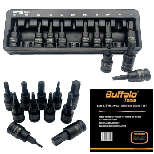 Buffalo Tools Torx-Stern-Schlag-Steckschlüssel-Set T10-T60, langlebiger Chrom-Vanadium-Stahl, rostbeständiges TRX-Star-Werkzeug-Set mit Ablageschale, 11-teilig von Buffalo Tools