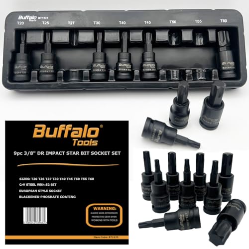 Buffalo Tools Torx-Stern-Schlag-Steckschlüssel-Set T10-T60, langlebiger Chrom-Vanadium-Stahl, rostbeständiges TRX-Star-Werkzeug-Set mit Ablageschale, 11-teilig von Buffalo Tools