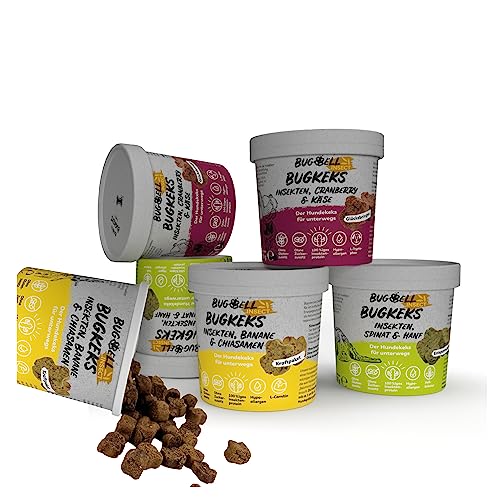 BugBell 6x150g Mixset BugKeks, Trainingsleckerli für Hunde, verschiedene Geschmackssorten, Hunde Kekse getreidefrei & zuckerfrei, natürliche Zutaten, hypoallergenes & purinarmes Insektenprotein von BugBell