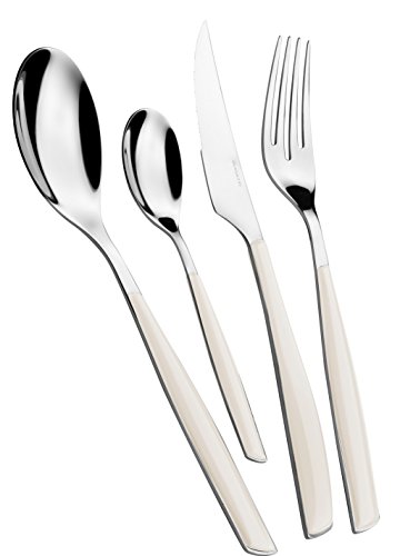 BUGATTI, Glamour, 4-teiliges Besteckset aus Edelstahl 18/10 und Farbgriff Ivory. Besteckset für 1 Person bestehend aus 1 Löffel, 1 Gabel, 1 Messer und 1 Kaffeelöffel von BUGATTI