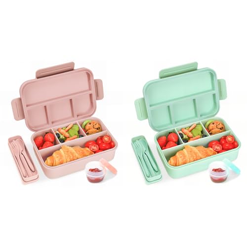 Bug maak Bento Box Kinder - Lunchbox mit 4 Abteilungen, Kindersicher für Jungen und Mädchen: Rosa, Grün, 1300 ML - 2er Set von Bugucat