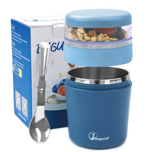 Bugucat 2in1 Müslibecher to Go 500ml+150ml, Praktischer Joghurtbecher & Müslibecher für Picknick, Auslaufsicherer Lunchpot Joghurtbecher to Go mit Löffel, Edelstahl Salatbecher Yoghurt to Go, Blau von Bugucat