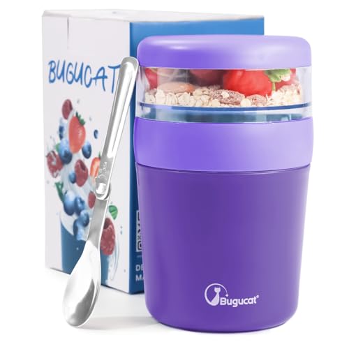 Bugucat 2in1 Müslibecher to Go 500ml+150ml, Praktischer Joghurtbecher & Müslibecher für Picknick, Auslaufsicherer Lunchpot Joghurtbecher to Go mit Löffel, Salatbecher Yoghurt to Go mit Löffel, Lila von Bugucat